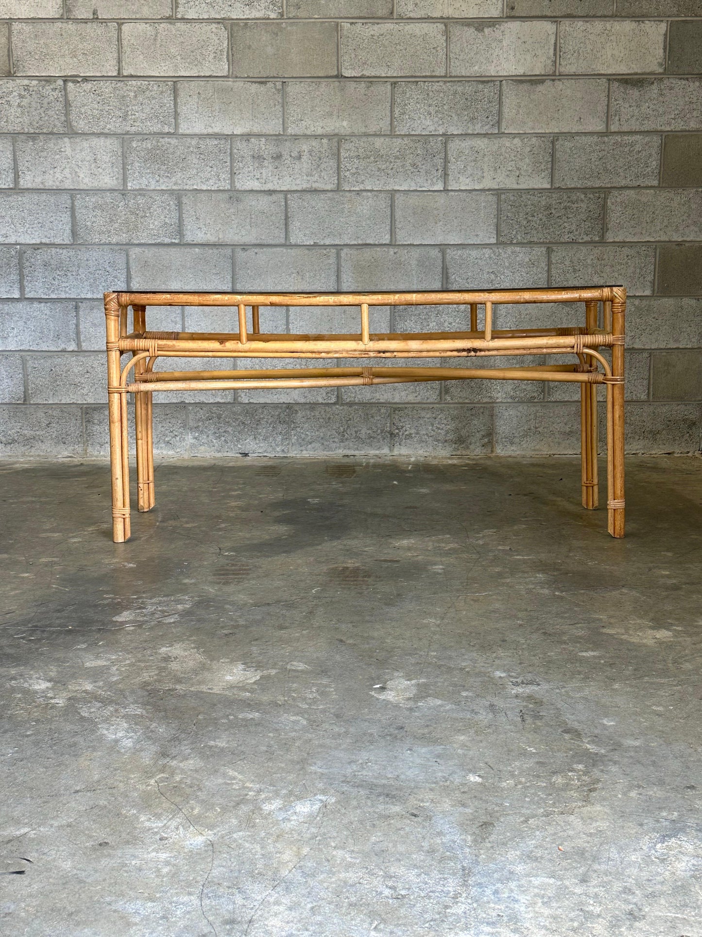 Frisman Vintage Vintage Coastal Bamboo, Cane, and Glass Top Console Table