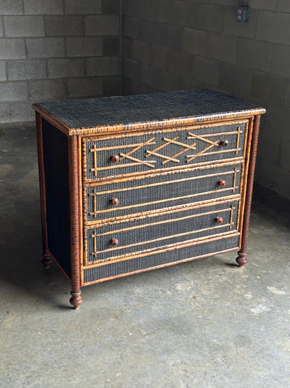 Frisman Vintage Vintage British Colonial Style Burnt Bamboo and Cane Dresser