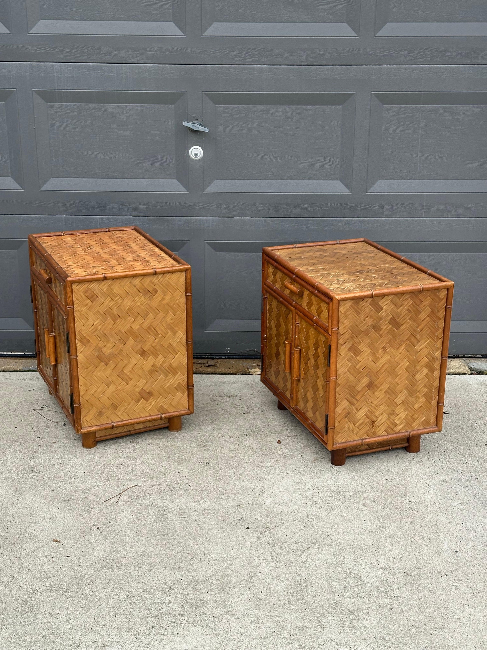 Frisman Vintage Faux Bamboo and Herringbone Cane Nightstands