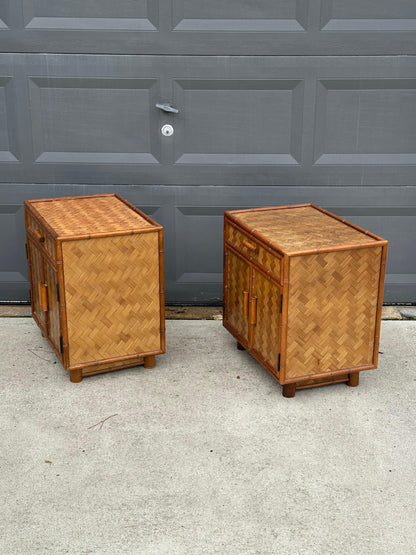Frisman Vintage Faux Bamboo and Herringbone Cane Nightstands