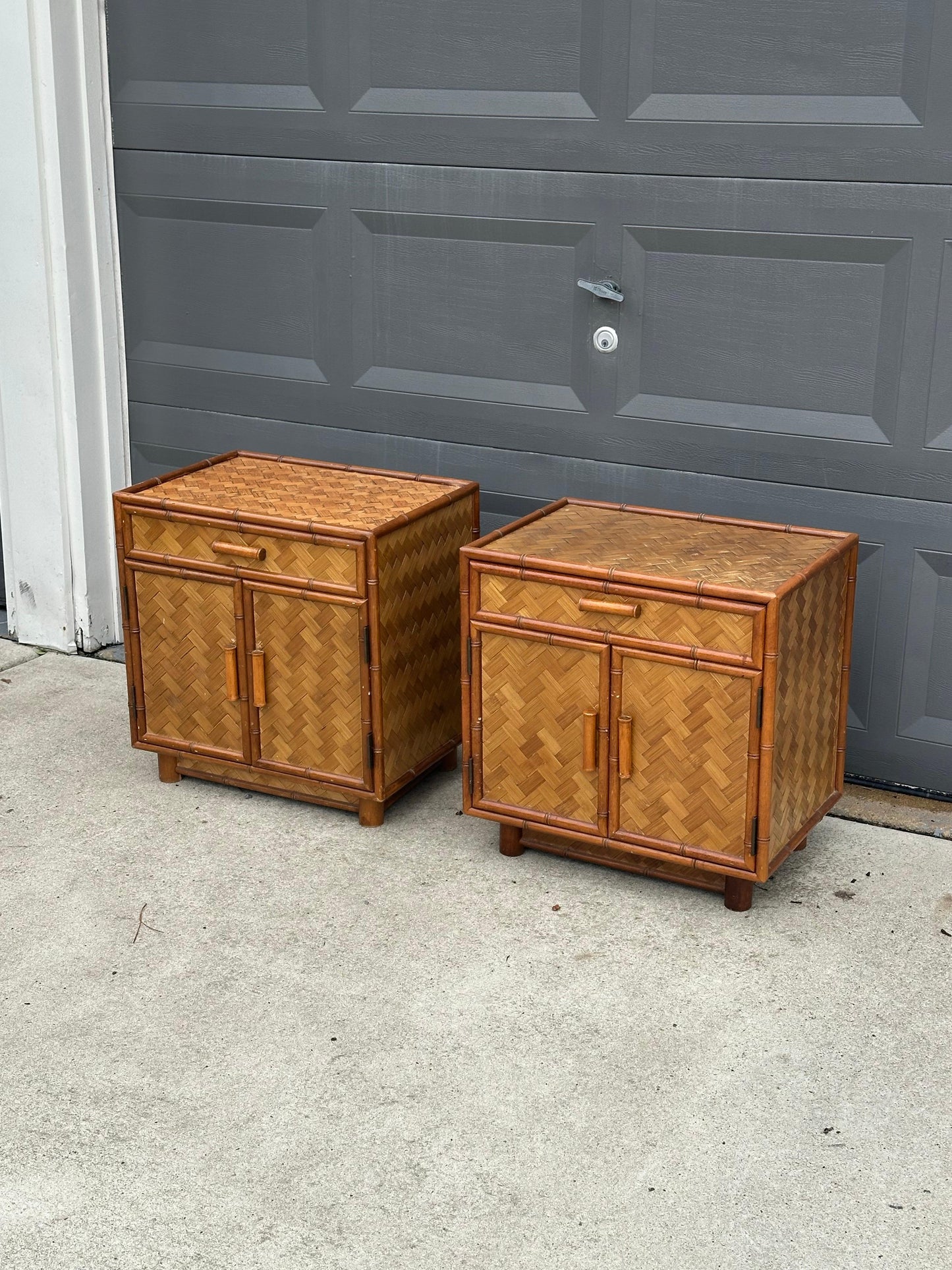 Frisman Vintage Faux Bamboo and Herringbone Cane Nightstands