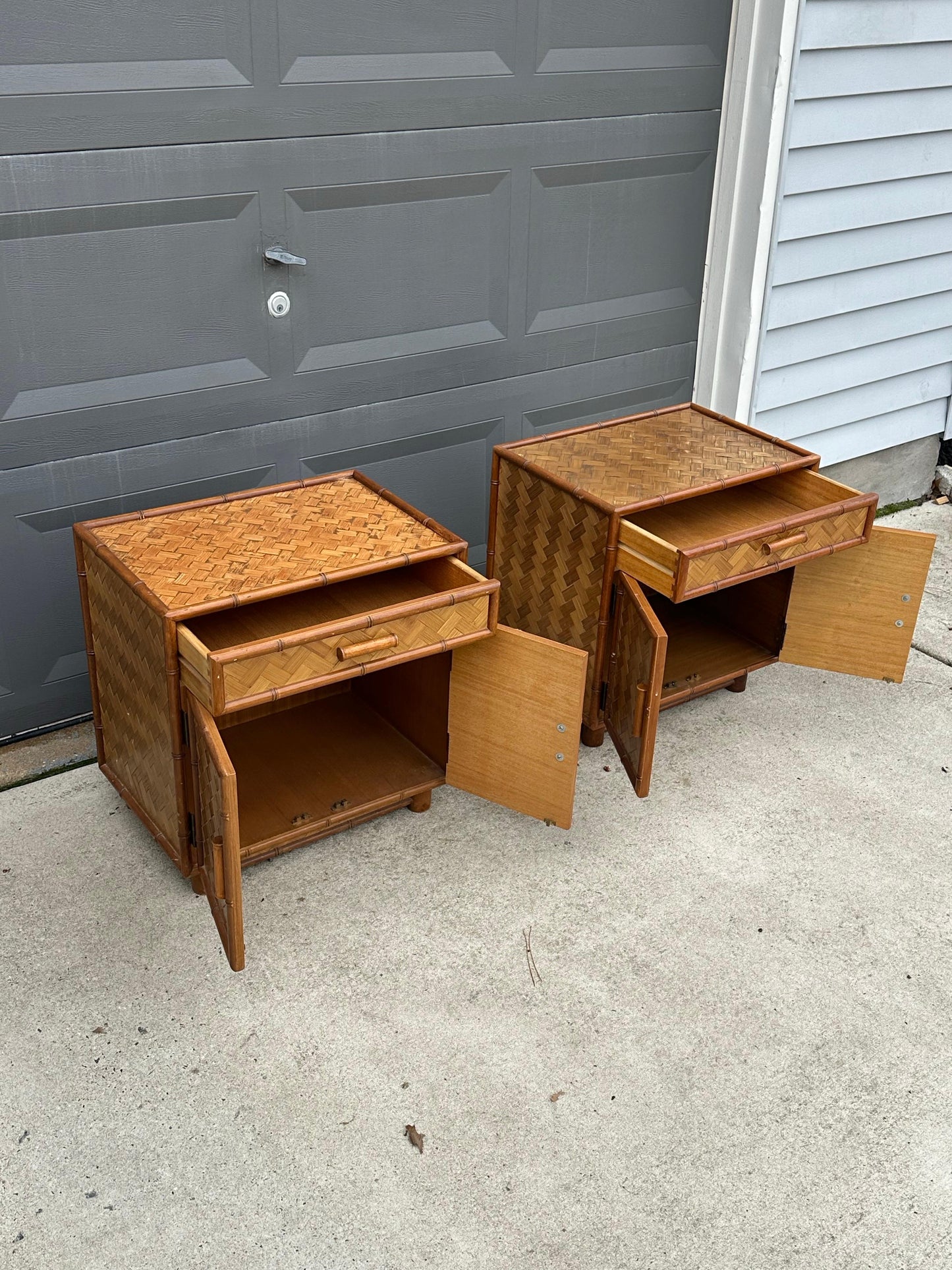 Frisman Vintage Faux Bamboo and Herringbone Cane Nightstands
