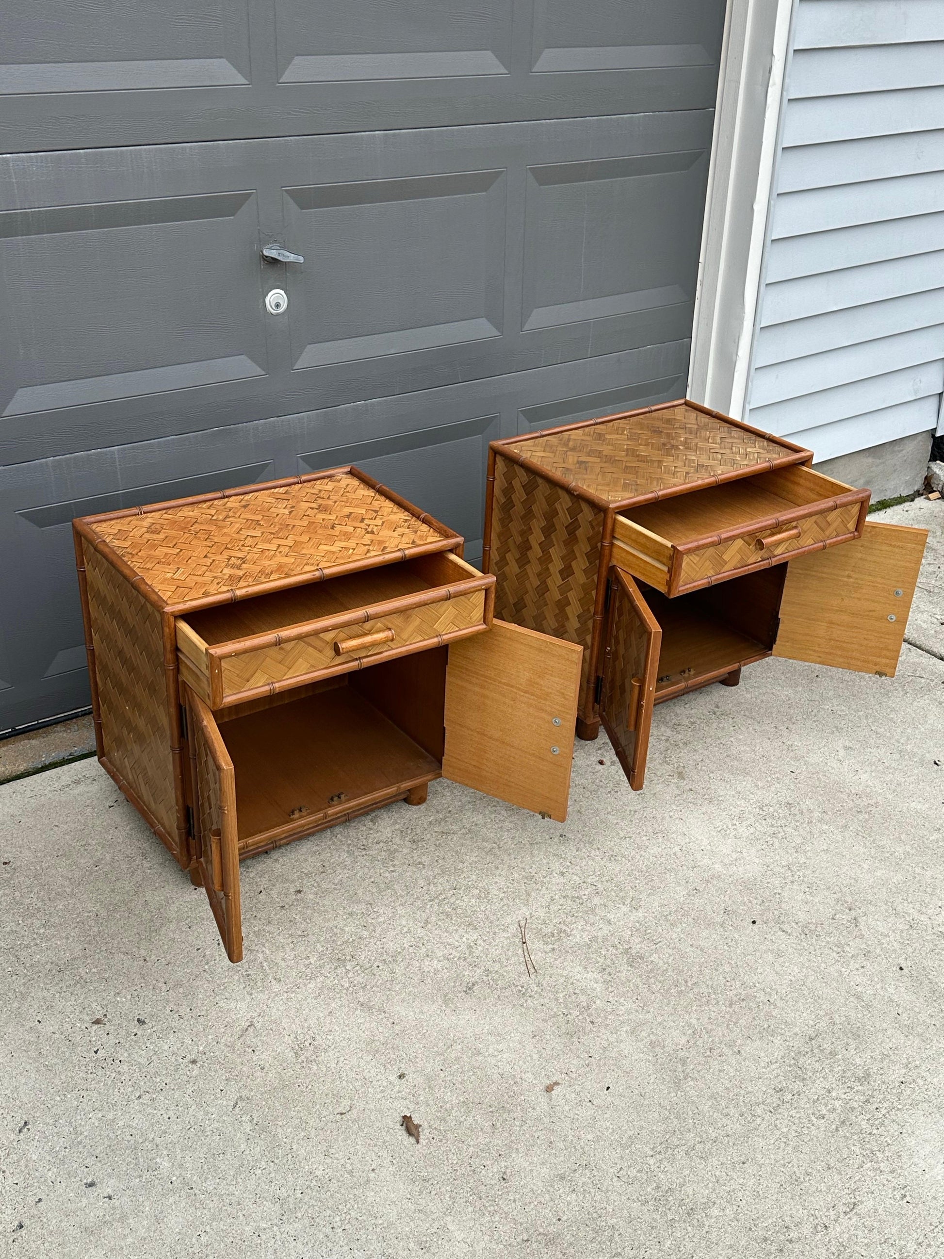 Frisman Vintage Faux Bamboo and Herringbone Cane Nightstands