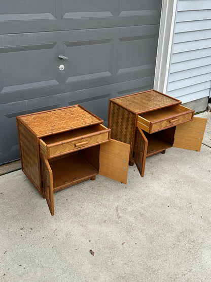 Frisman Vintage Faux Bamboo and Herringbone Cane Nightstands