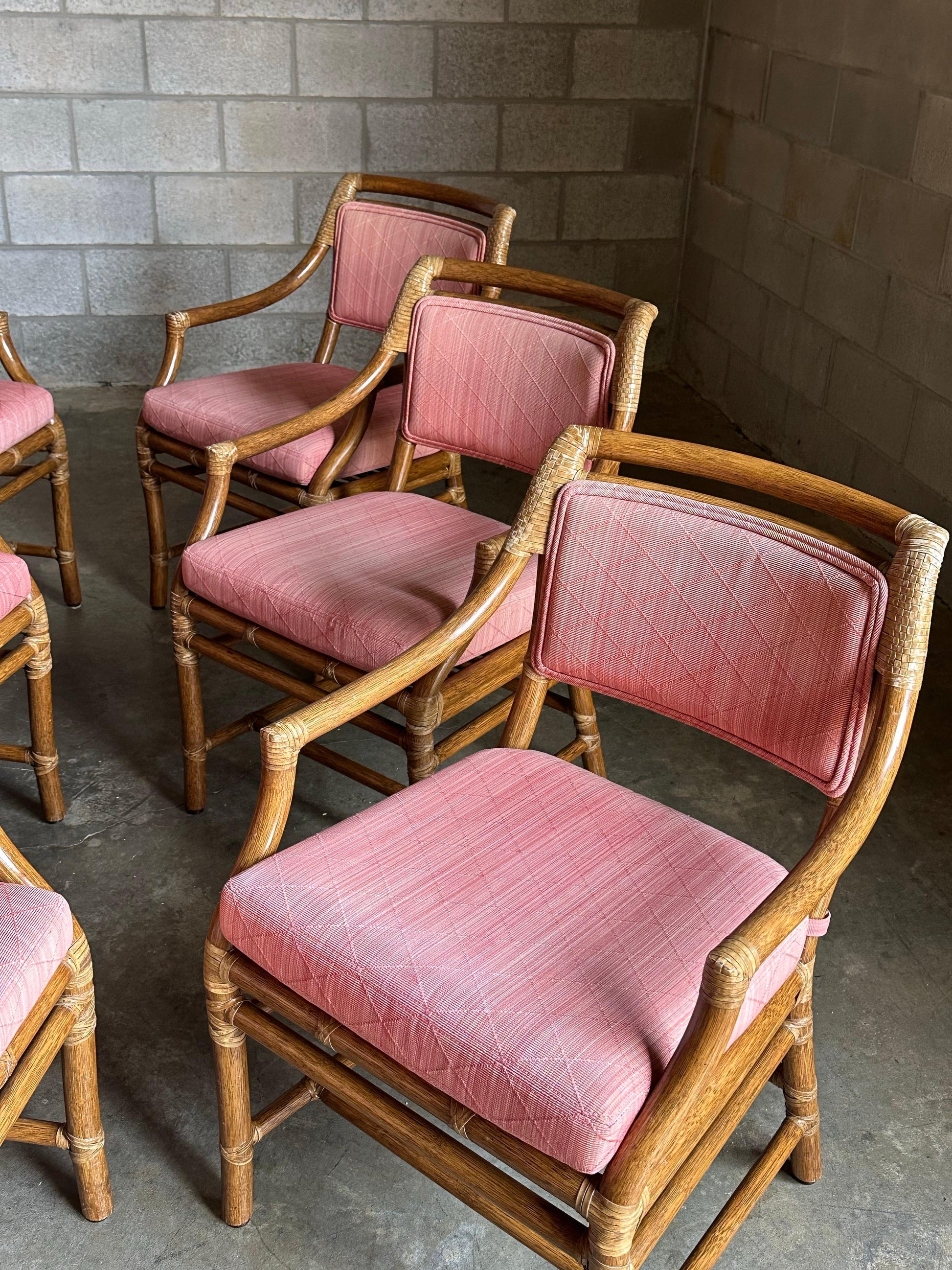 Frisman Vintage 1980s McGuire All Arm Organic Modern Rattan and Leather Dining Chairs- Set of 6