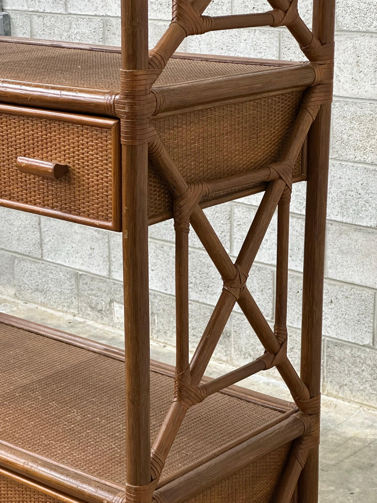 Frisman Vintage British Colonial Style Bamboo, Cane, and Rattan Freestanding Shelf/ Etagere