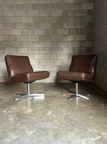 Frisman Vintage 1970s De Sede Leather and Metal Swivel Chairs- A Pair