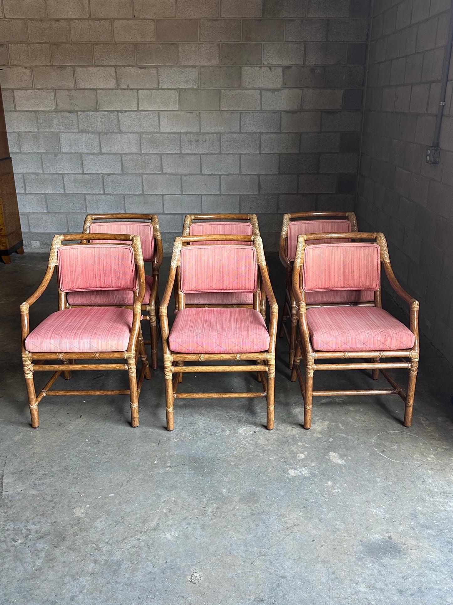 Frisman Vintage 1980s McGuire All Arm Organic Modern Rattan and Leather Dining Chairs- Set of 6