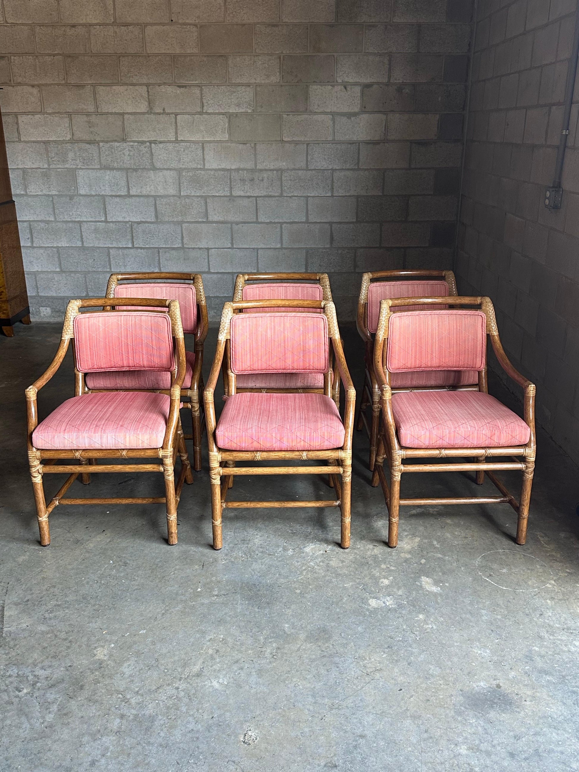 Frisman Vintage 1980s McGuire All Arm Organic Modern Rattan and Leather Dining Chairs- Set of 6