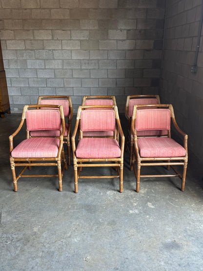 Frisman Vintage 1980s McGuire All Arm Organic Modern Rattan and Leather Dining Chairs- Set of 6