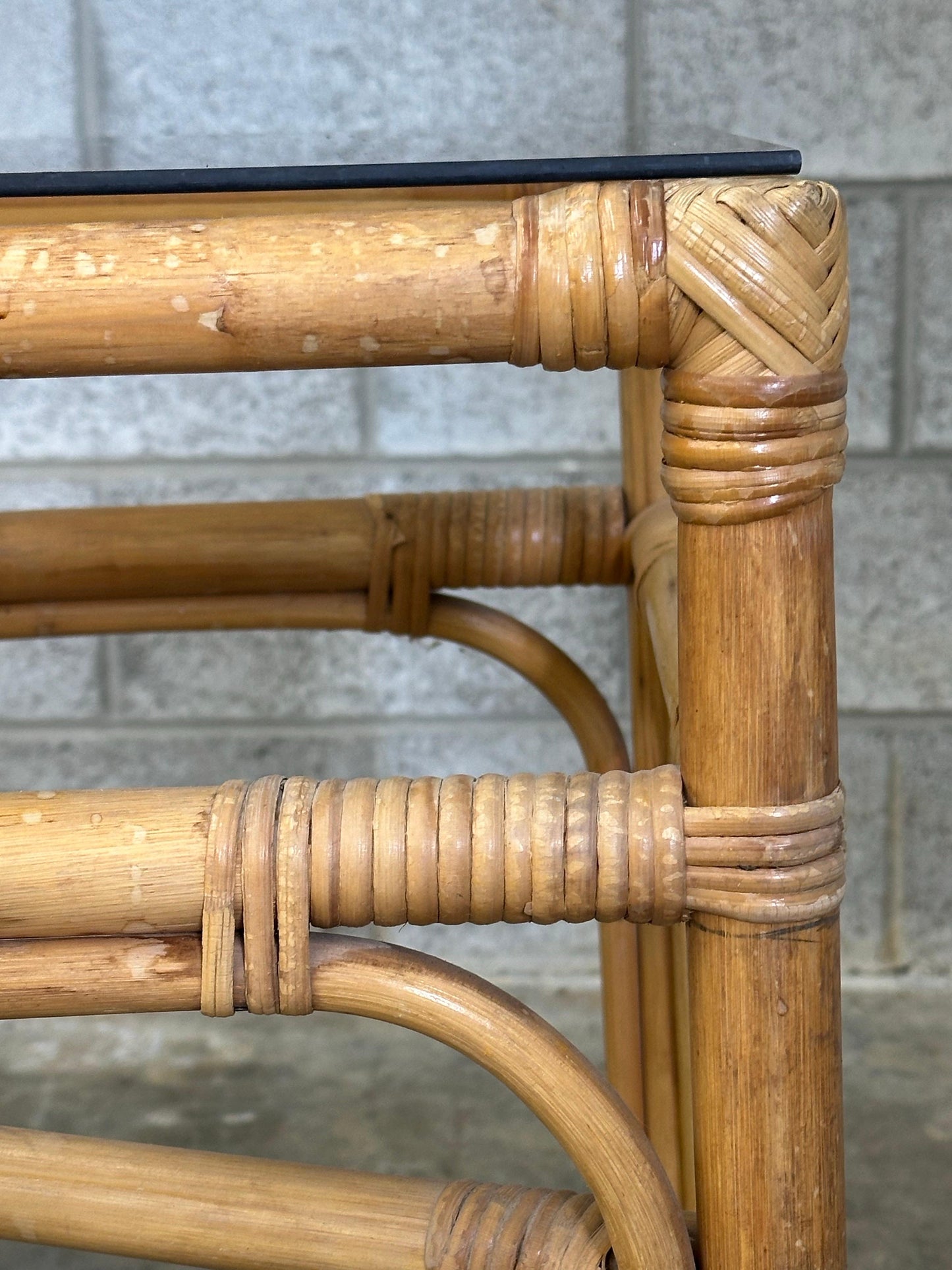 Frisman Vintage Vintage Coastal Bamboo, Cane, and Glass Top Console Table