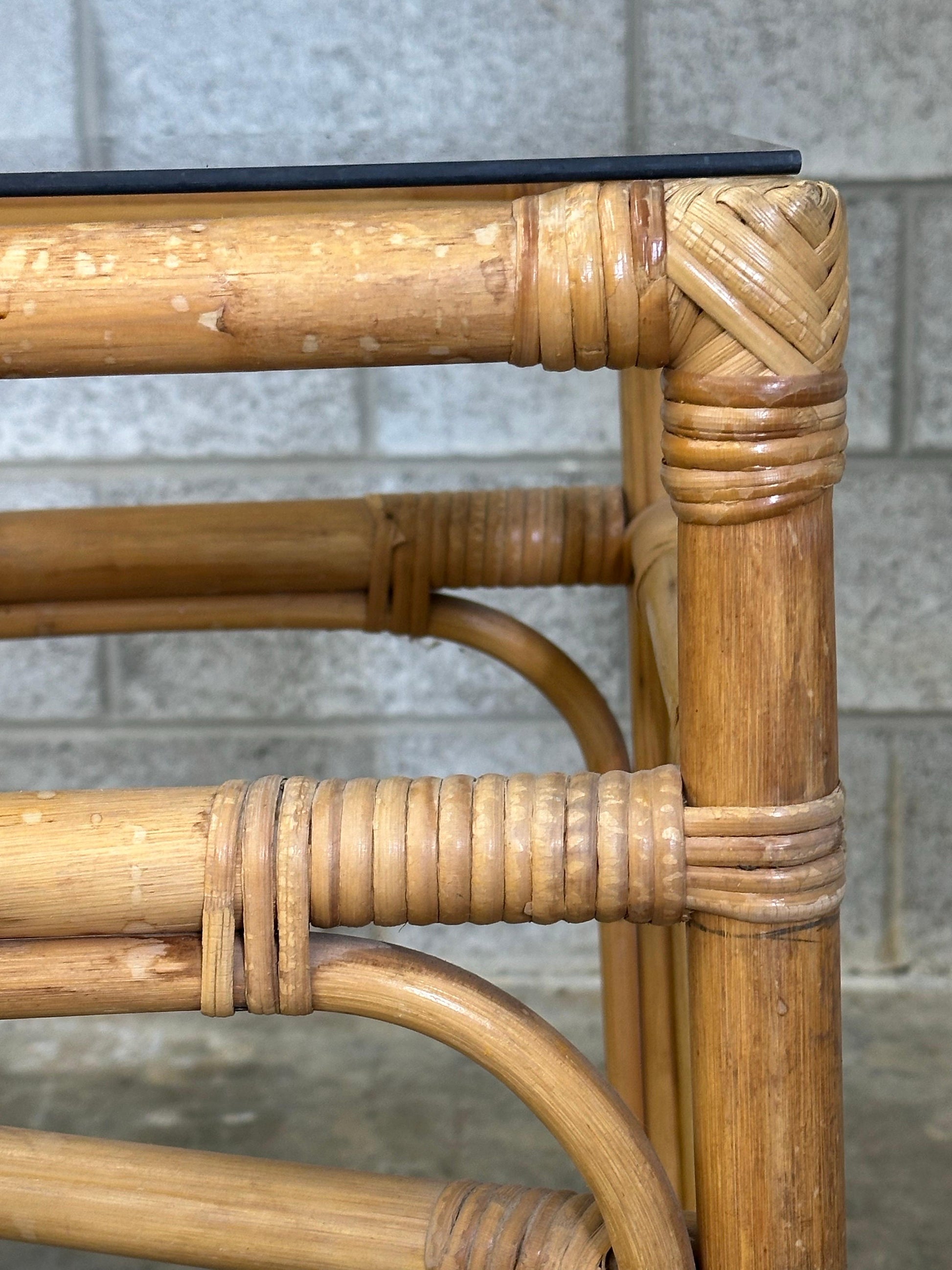 Frisman Vintage Vintage Coastal Bamboo, Cane, and Glass Top Console Table