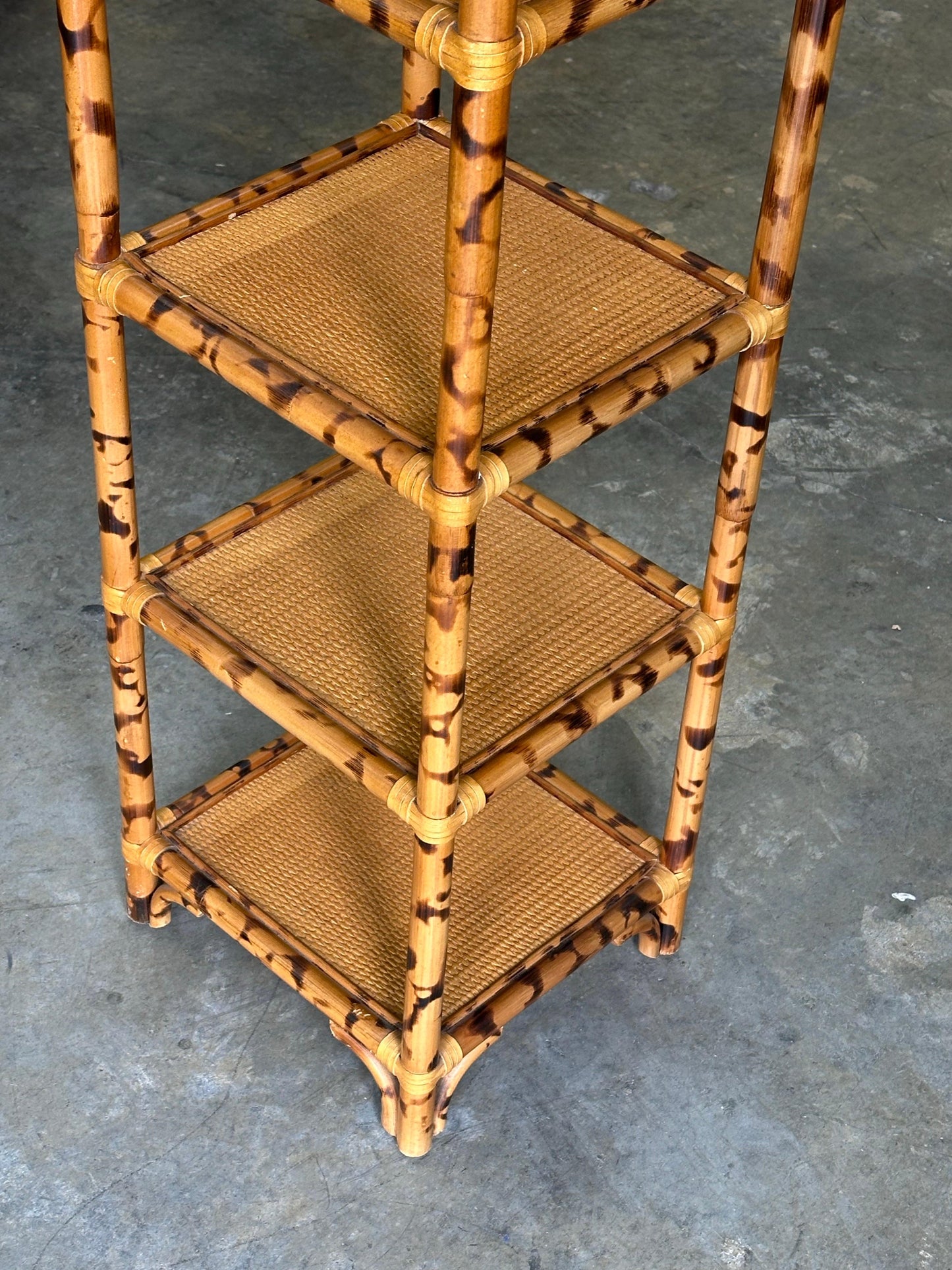 Frisman Vintage 1980s British Colonial Faux Bamboo and Cane Tall Shelf