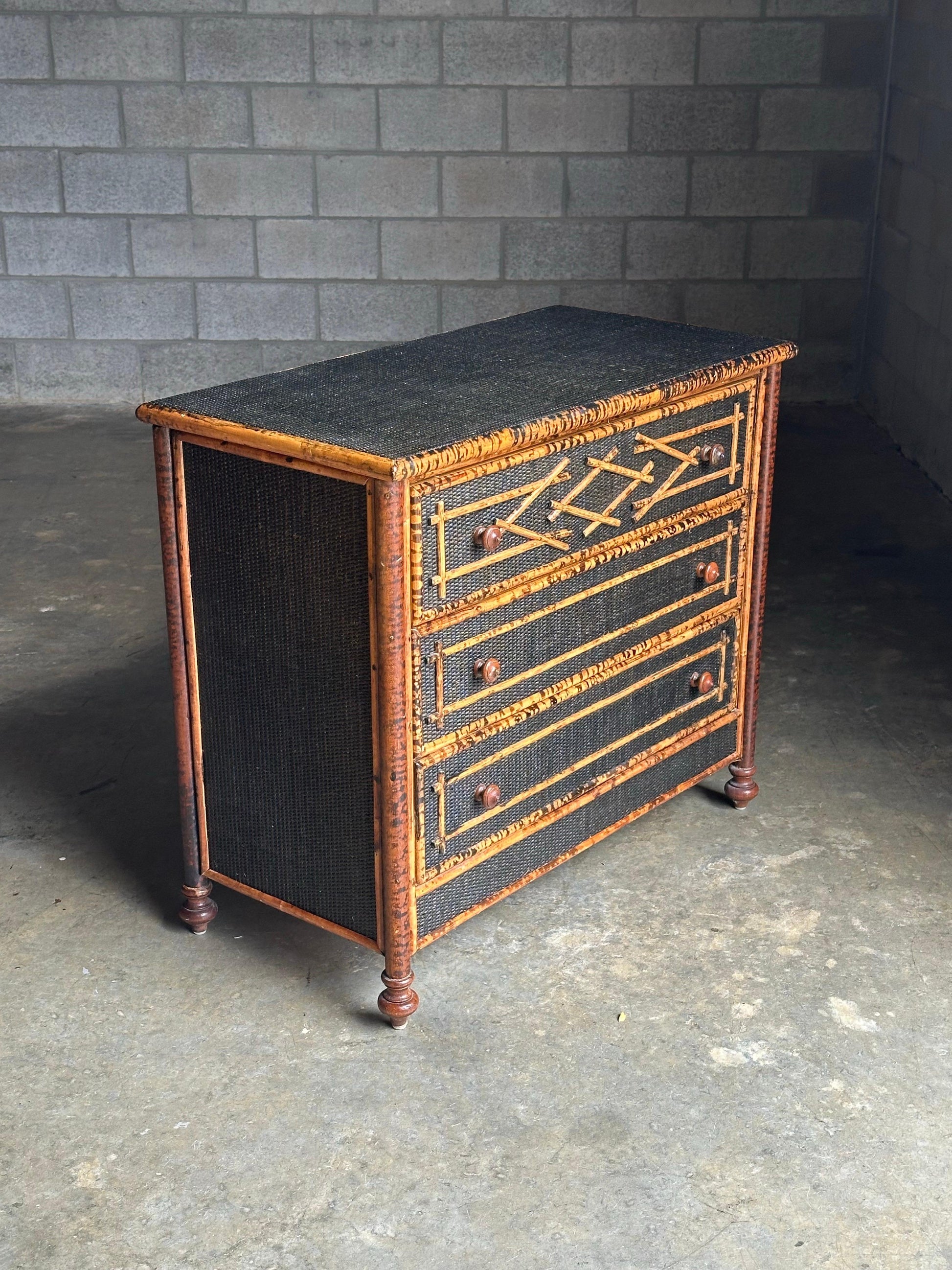 Frisman Vintage Vintage British Colonial Style Burnt Bamboo and Cane Dresser