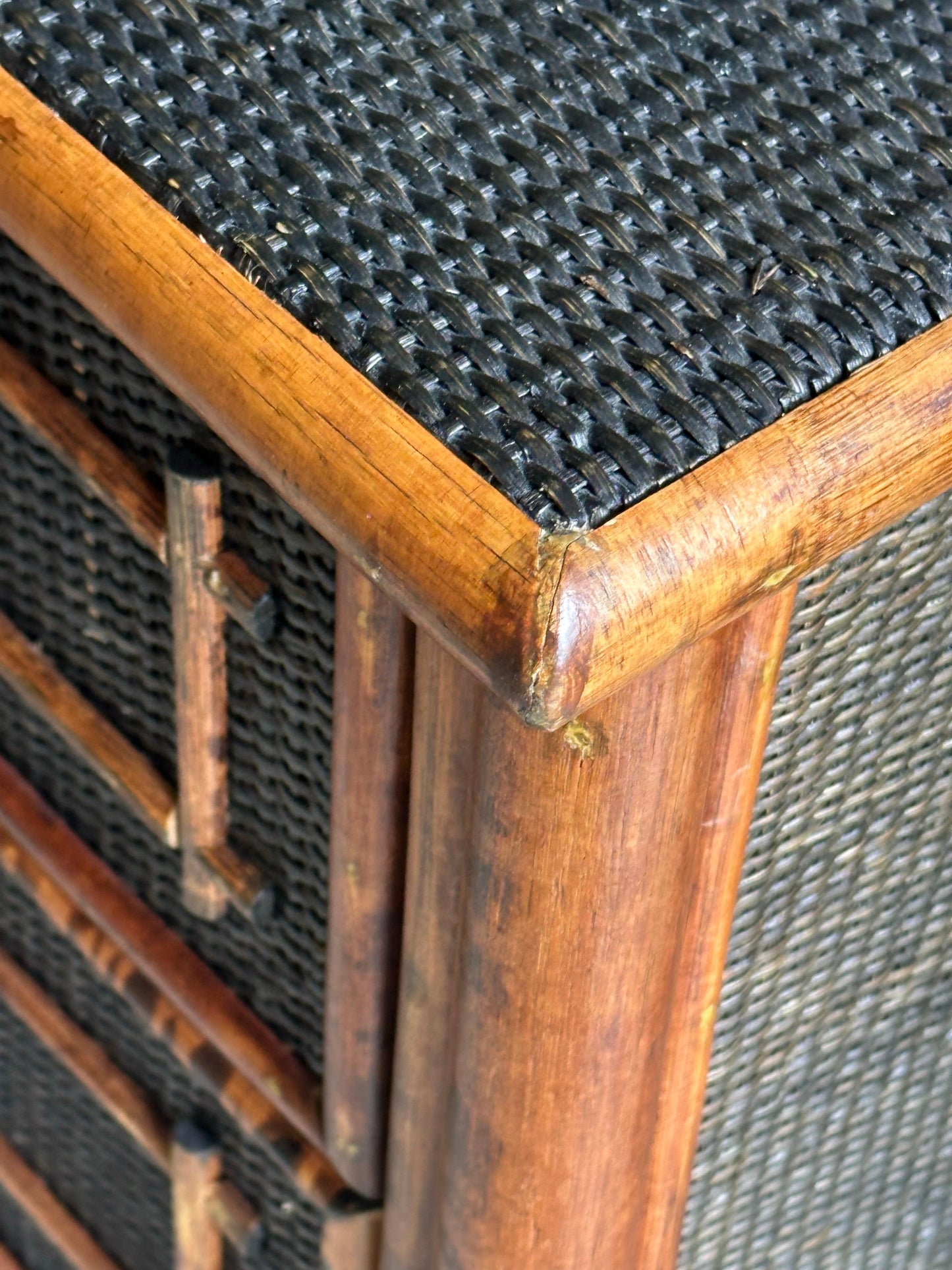 Frisman Vintage Vintage British Colonial Style Burnt Bamboo and Cane Nightstand