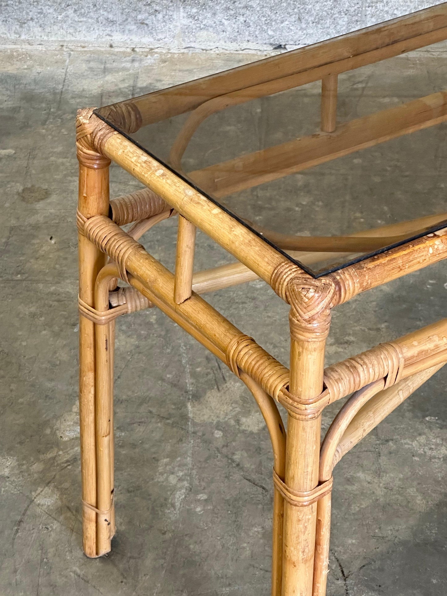 Frisman Vintage Vintage Coastal Bamboo, Cane, and Glass Top Console Table