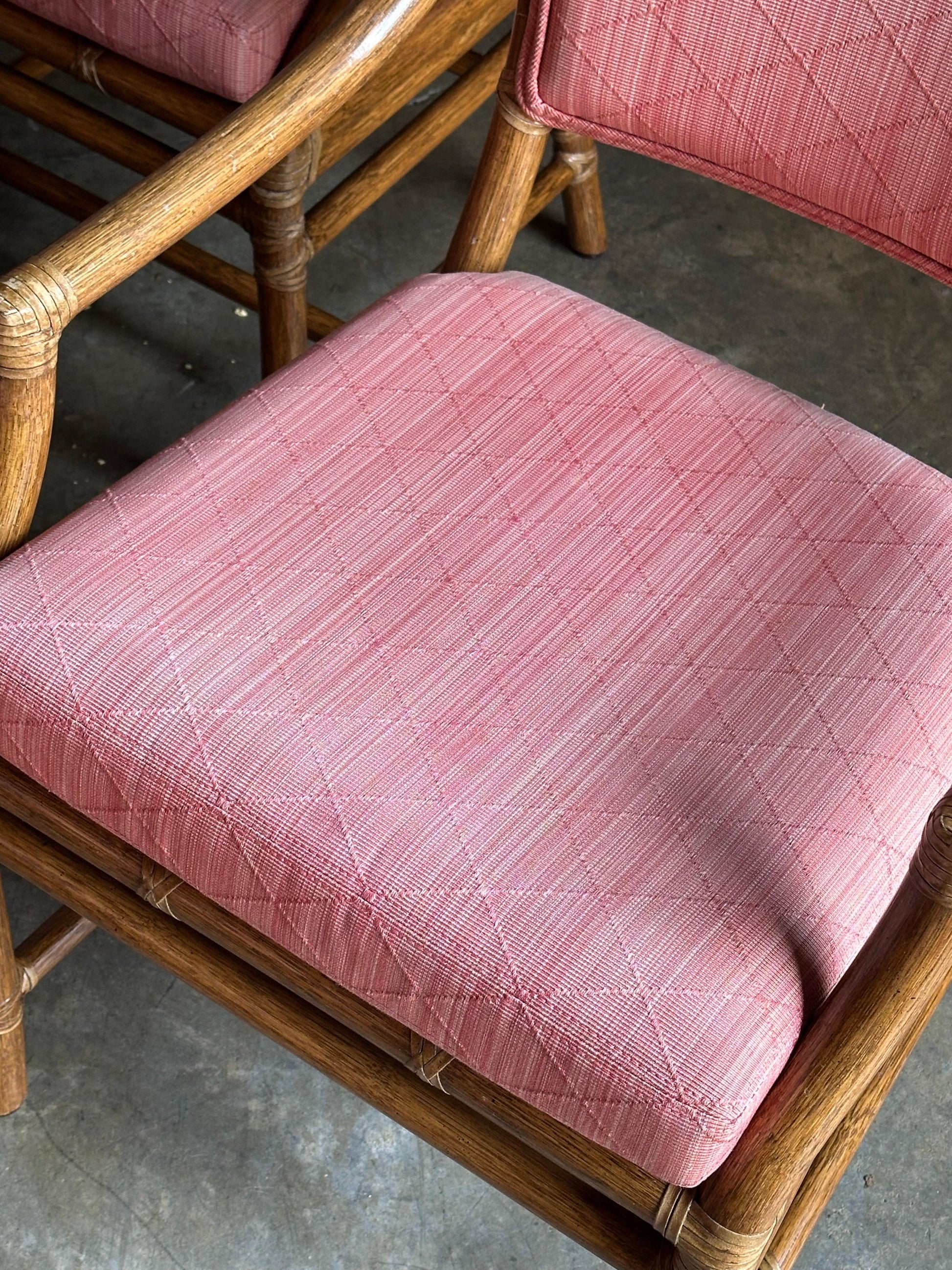 Frisman Vintage 1980s McGuire All Arm Organic Modern Rattan and Leather Dining Chairs- Set of 6