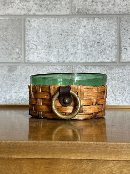Frisman Vintage Sweden Green Glass and Wicker Large Bowl