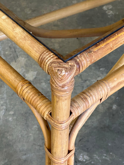 Frisman Vintage Vintage Coastal Bamboo, Cane, and Glass Top Console Table