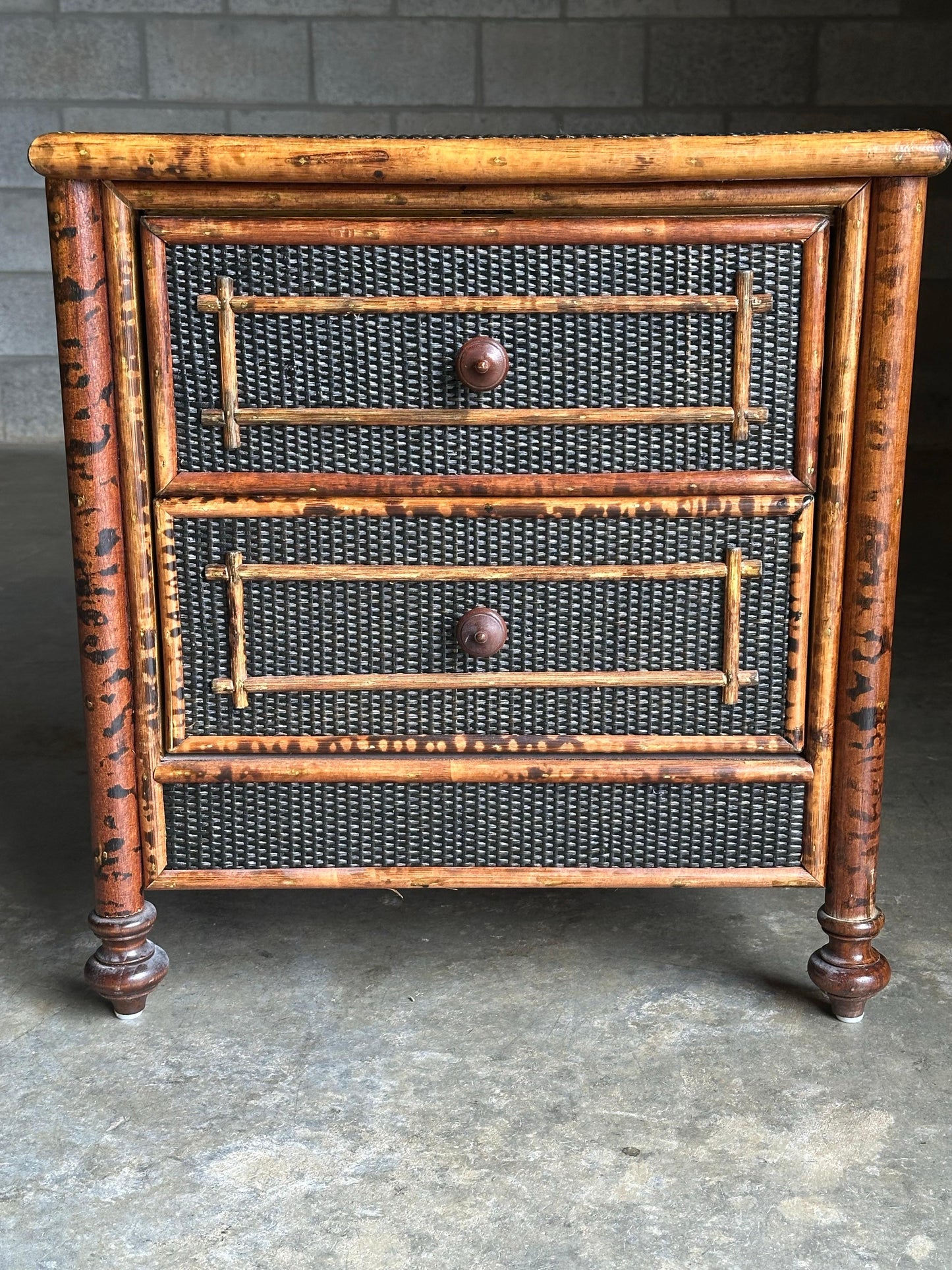 Frisman Vintage Vintage British Colonial Style Burnt Bamboo and Cane Nightstand