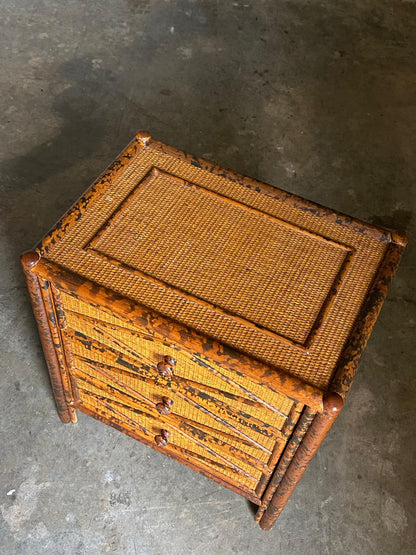 Frisman Vintage 1980s Vintage British Colonial Style Burnt Bamboo and Cane Nightstands- A Pair