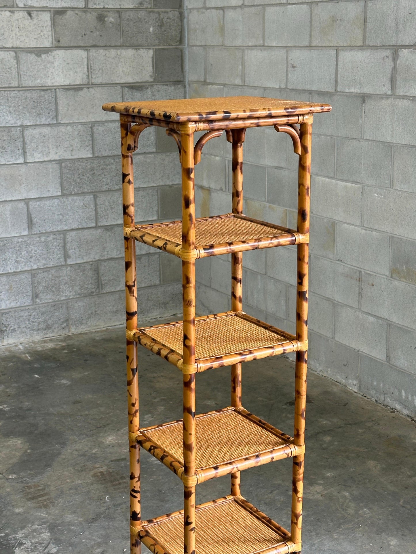 Frisman Vintage 1980s British Colonial Faux Bamboo and Cane Tall Shelf