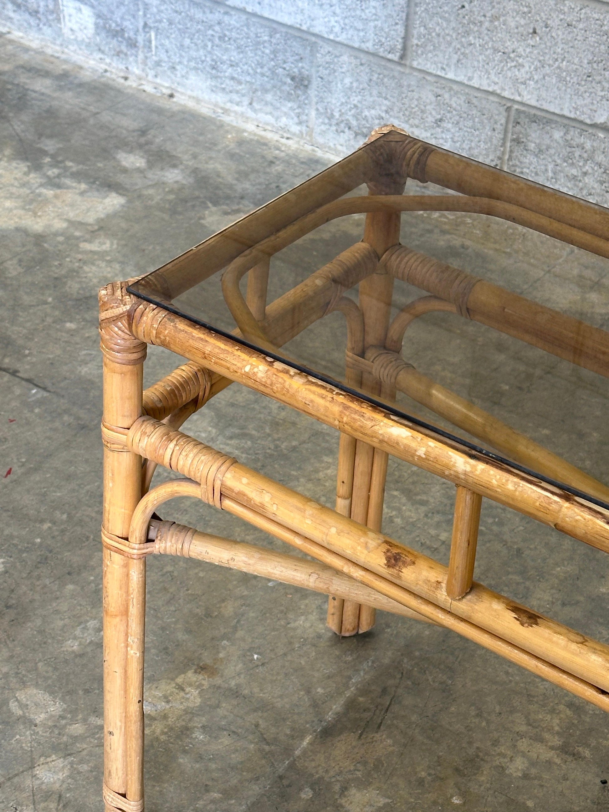 Frisman Vintage Vintage Coastal Bamboo, Cane, and Glass Top Console Table