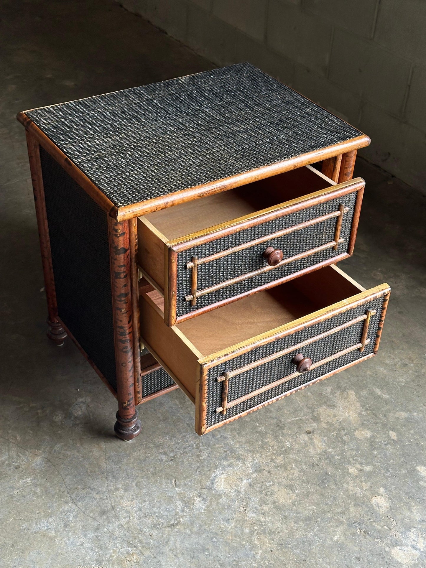 Frisman Vintage Vintage British Colonial Style Burnt Bamboo and Cane Nightstand