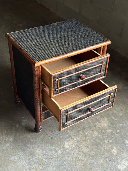 Frisman Vintage Vintage British Colonial Style Burnt Bamboo and Cane Nightstand