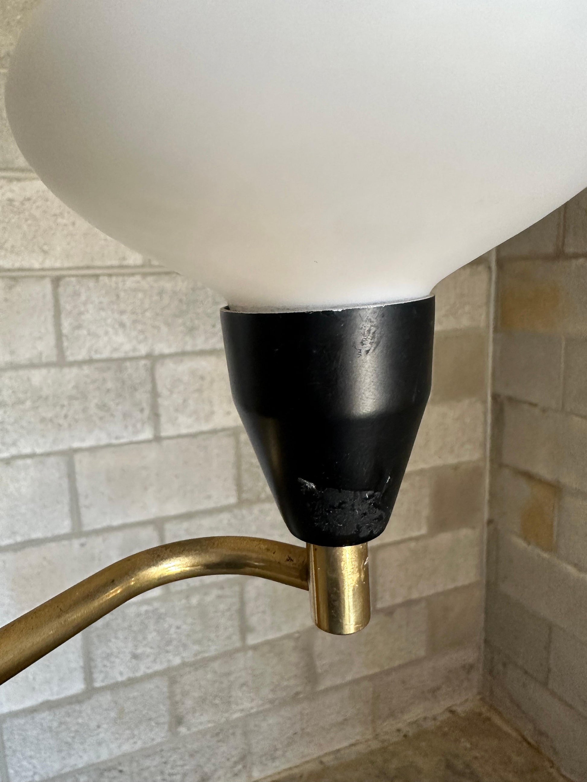 Frisman Vintage 1950s Brass, Metal, and Opaline Glass Hanging Ceiling Light, Sweden