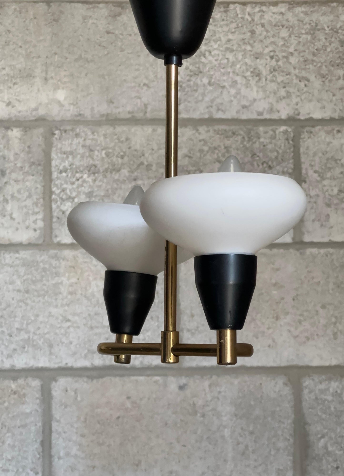 Frisman Vintage 1950s Brass, Metal, and Opaline Glass Hanging Ceiling Light, Sweden