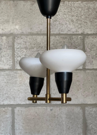 Frisman Vintage 1950s Brass, Metal, and Opaline Glass Hanging Ceiling Light, Sweden