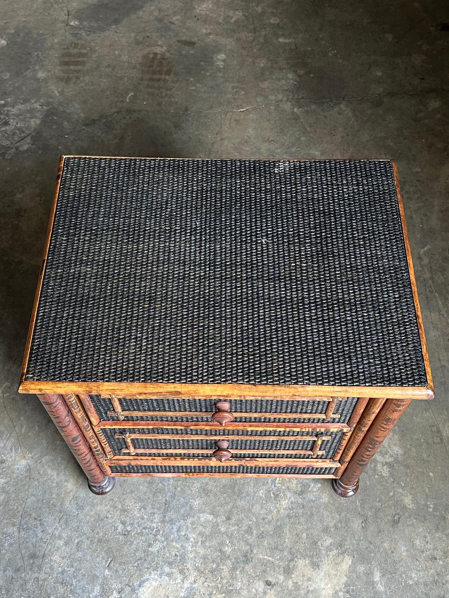 Frisman Vintage Vintage British Colonial Style Burnt Bamboo and Cane Nightstand