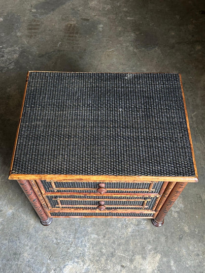 Frisman Vintage Vintage British Colonial Style Burnt Bamboo and Cane Nightstand