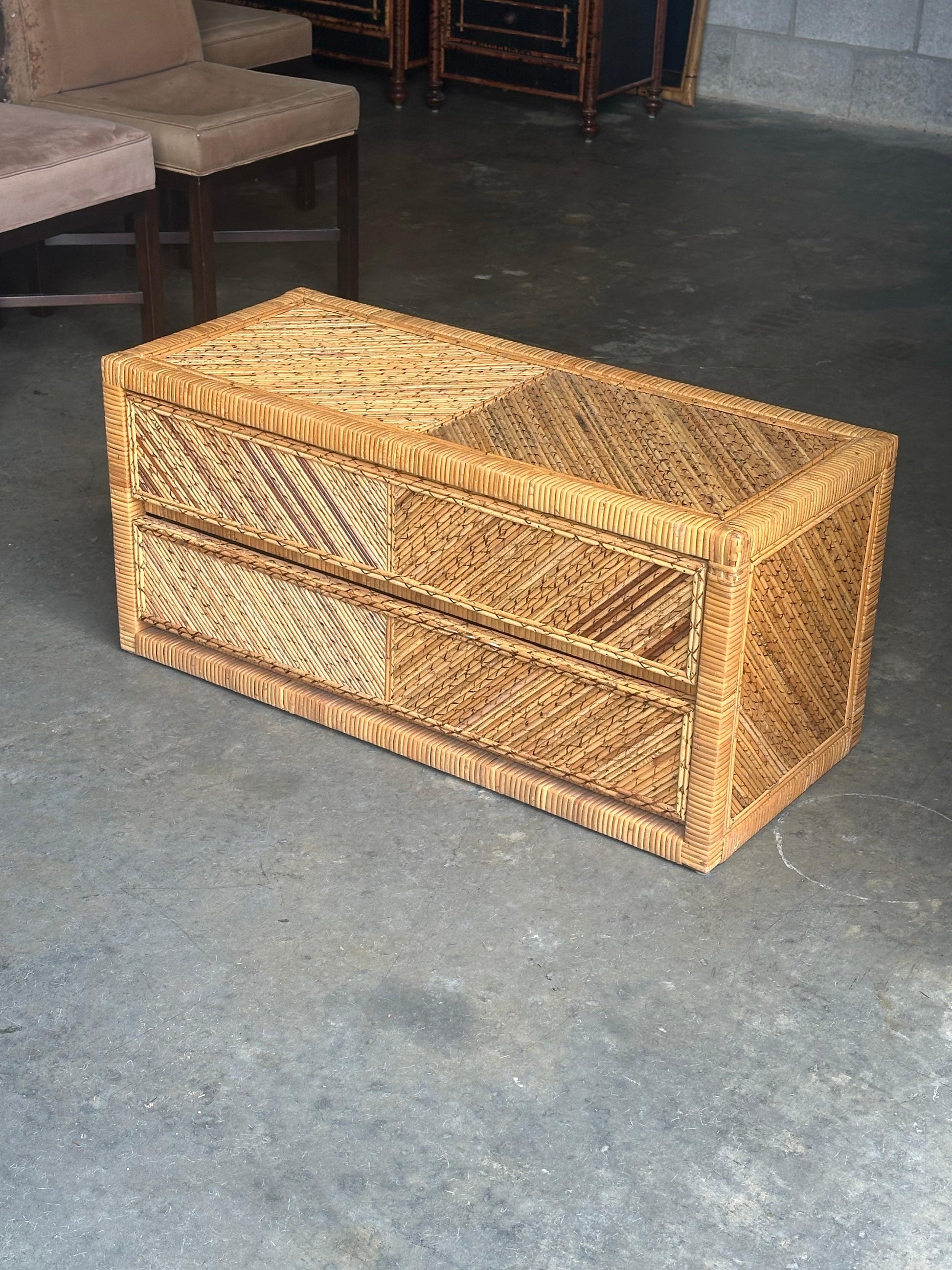 Frisman Vintage Pencil Reed Split Bamboo and Wrapped Cane Low Chest