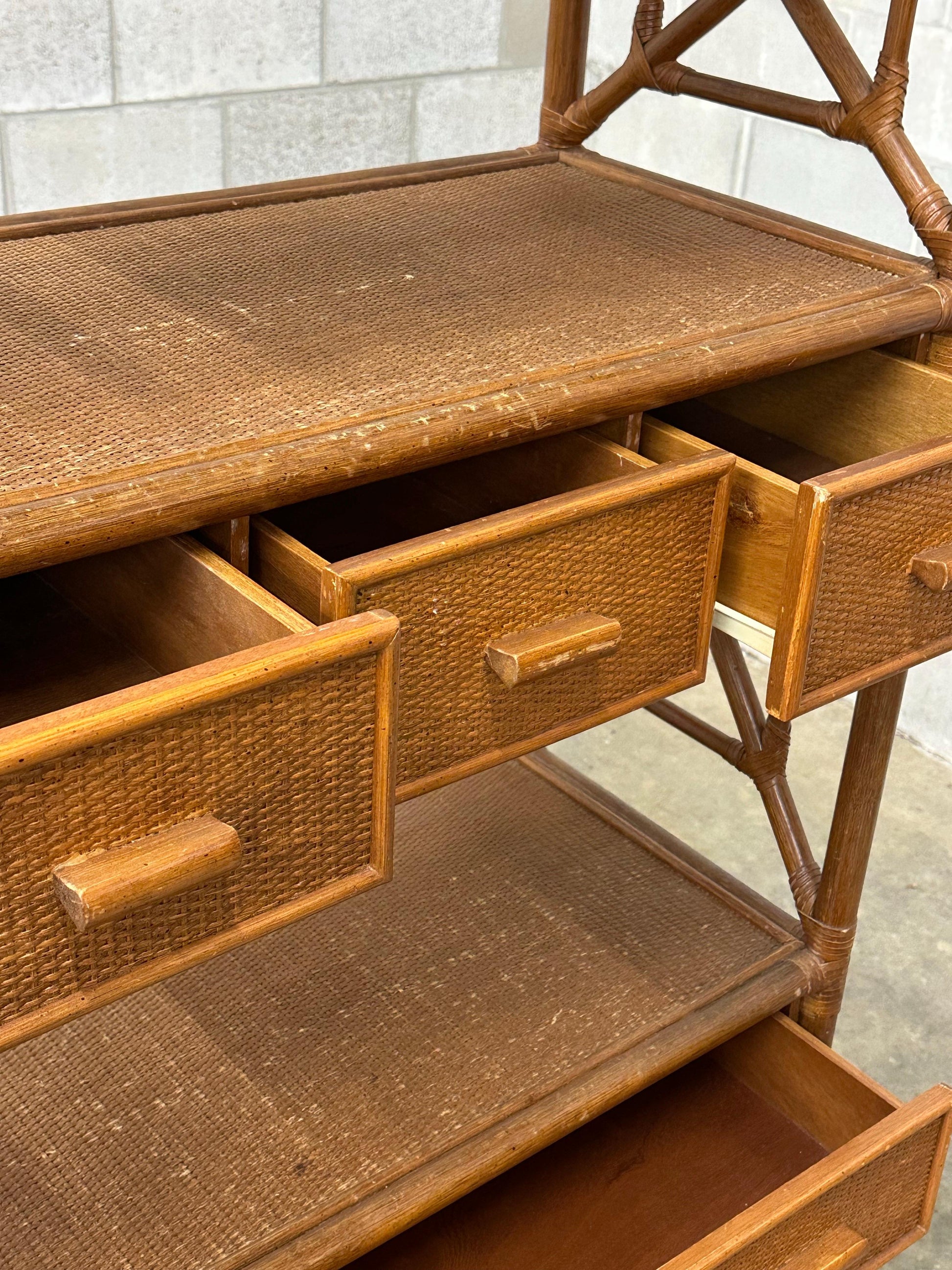 Frisman Vintage British Colonial Style Bamboo, Cane, and Rattan Freestanding Shelf/ Etagere