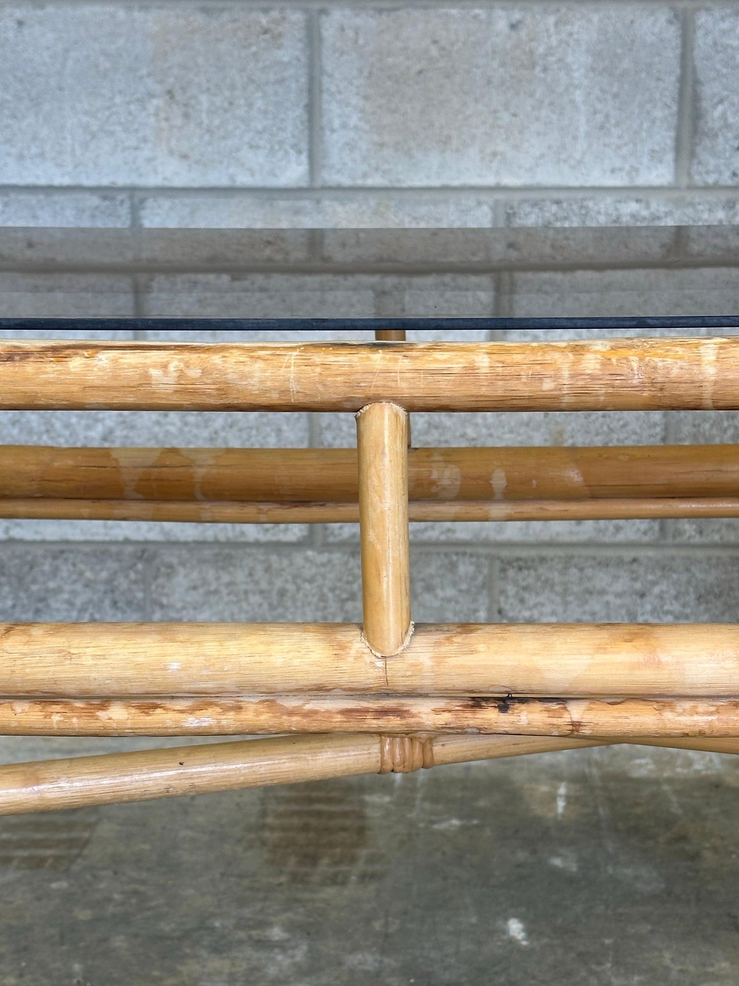 Frisman Vintage Vintage Coastal Bamboo, Cane, and Glass Top Console Table