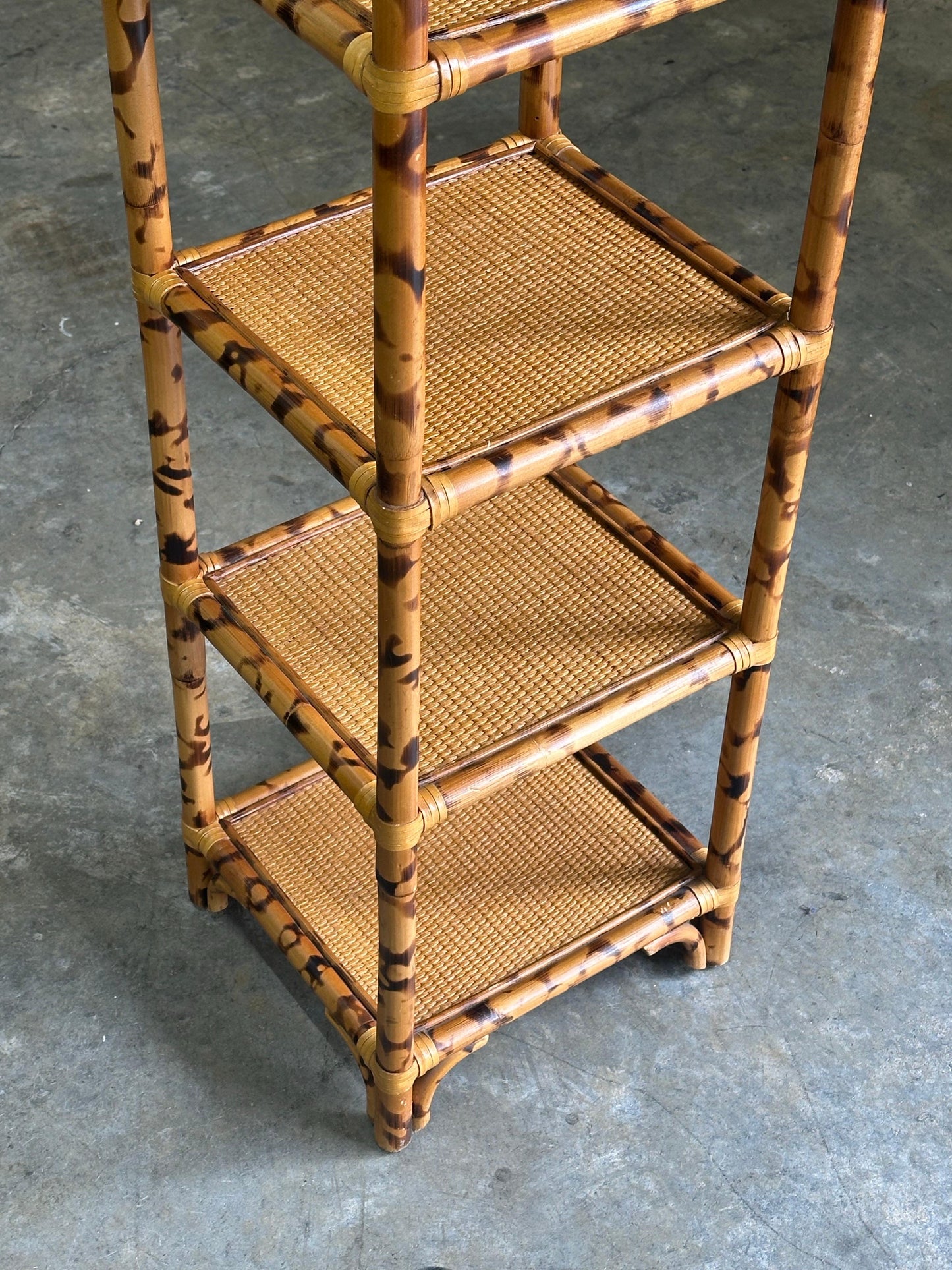 Frisman Vintage 1980s British Colonial Faux Bamboo and Cane Tall Shelf