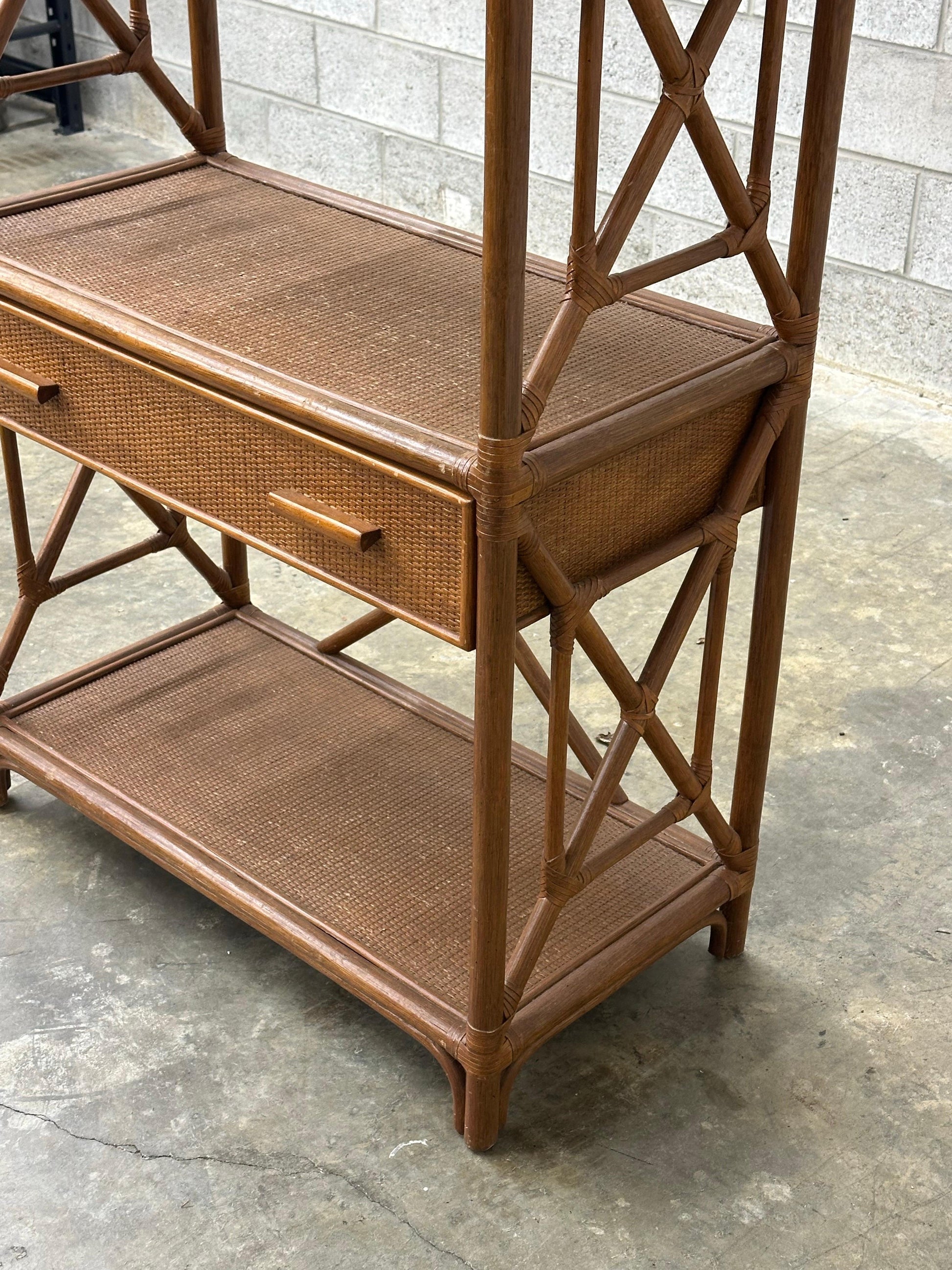 Frisman Vintage British Colonial Style Bamboo, Cane, and Rattan Freestanding Shelf/ Etagere