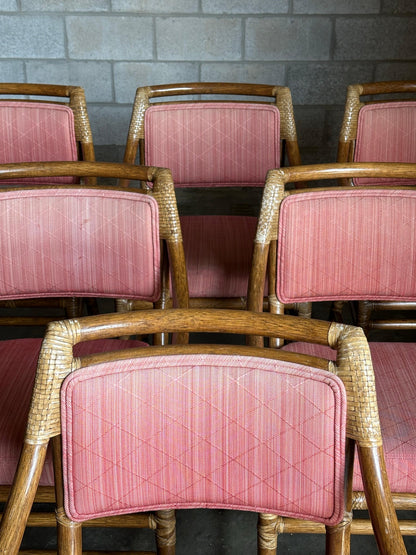 Frisman Vintage 1980s McGuire All Arm Organic Modern Rattan and Leather Dining Chairs- Set of 6