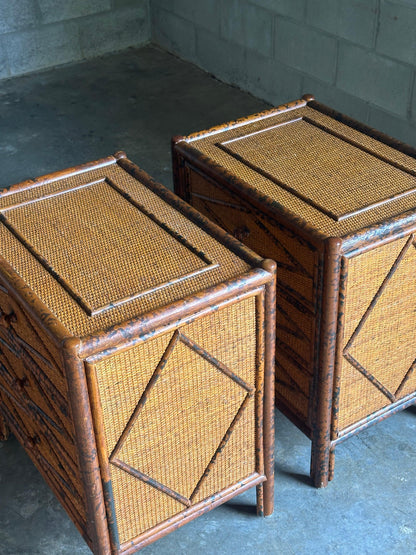 Frisman Vintage 1980s Vintage British Colonial Style Burnt Bamboo and Cane Nightstands- A Pair
