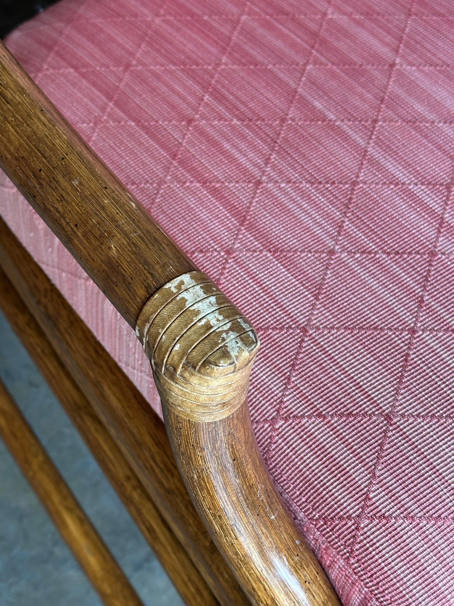 Frisman Vintage 1980s McGuire All Arm Organic Modern Rattan and Leather Dining Chairs- Set of 6