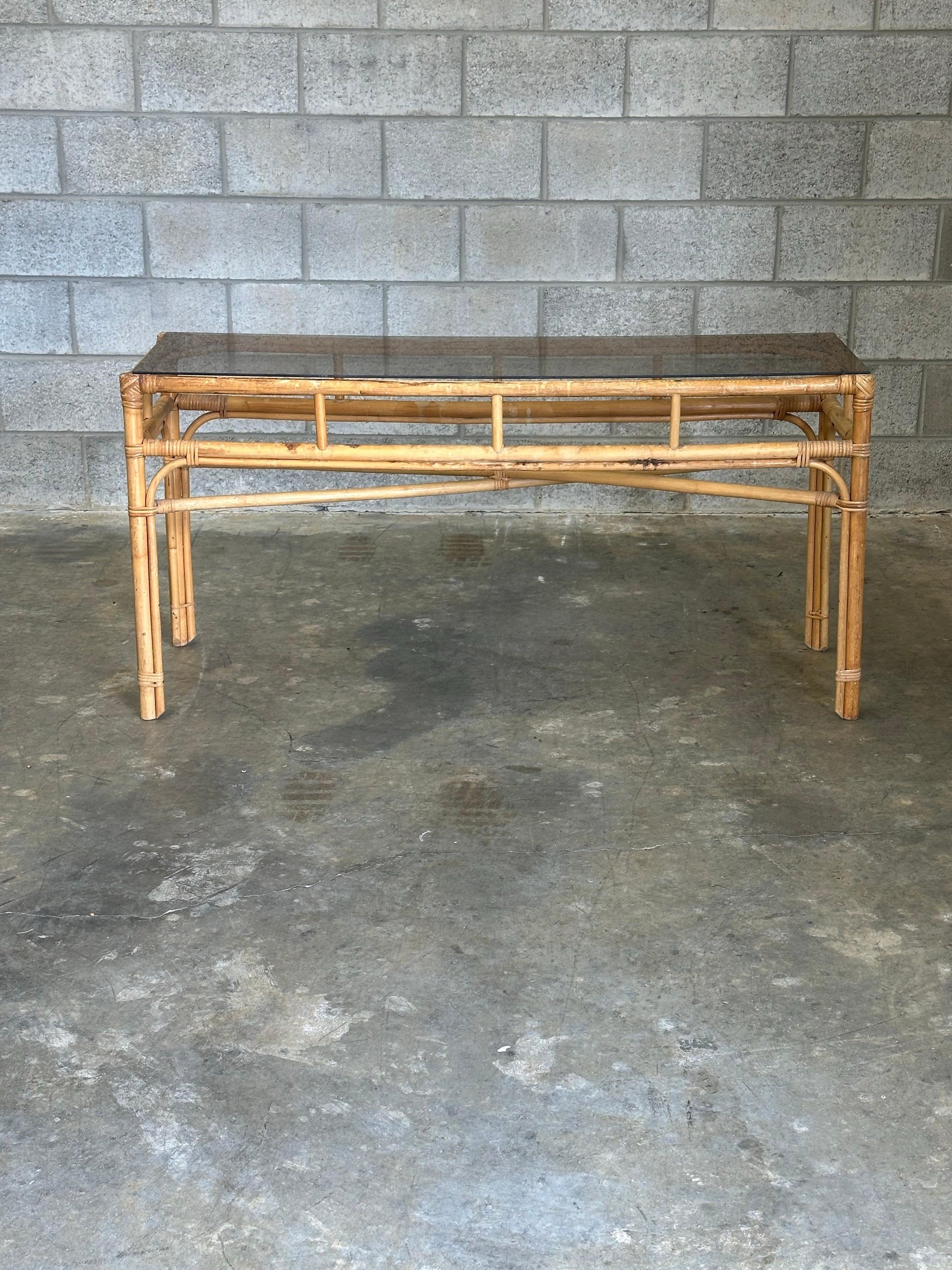 Frisman Vintage Vintage Coastal Bamboo, Cane, and Glass Top Console Table