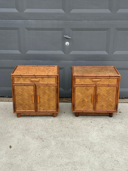 Frisman Vintage Faux Bamboo and Herringbone Cane Nightstands