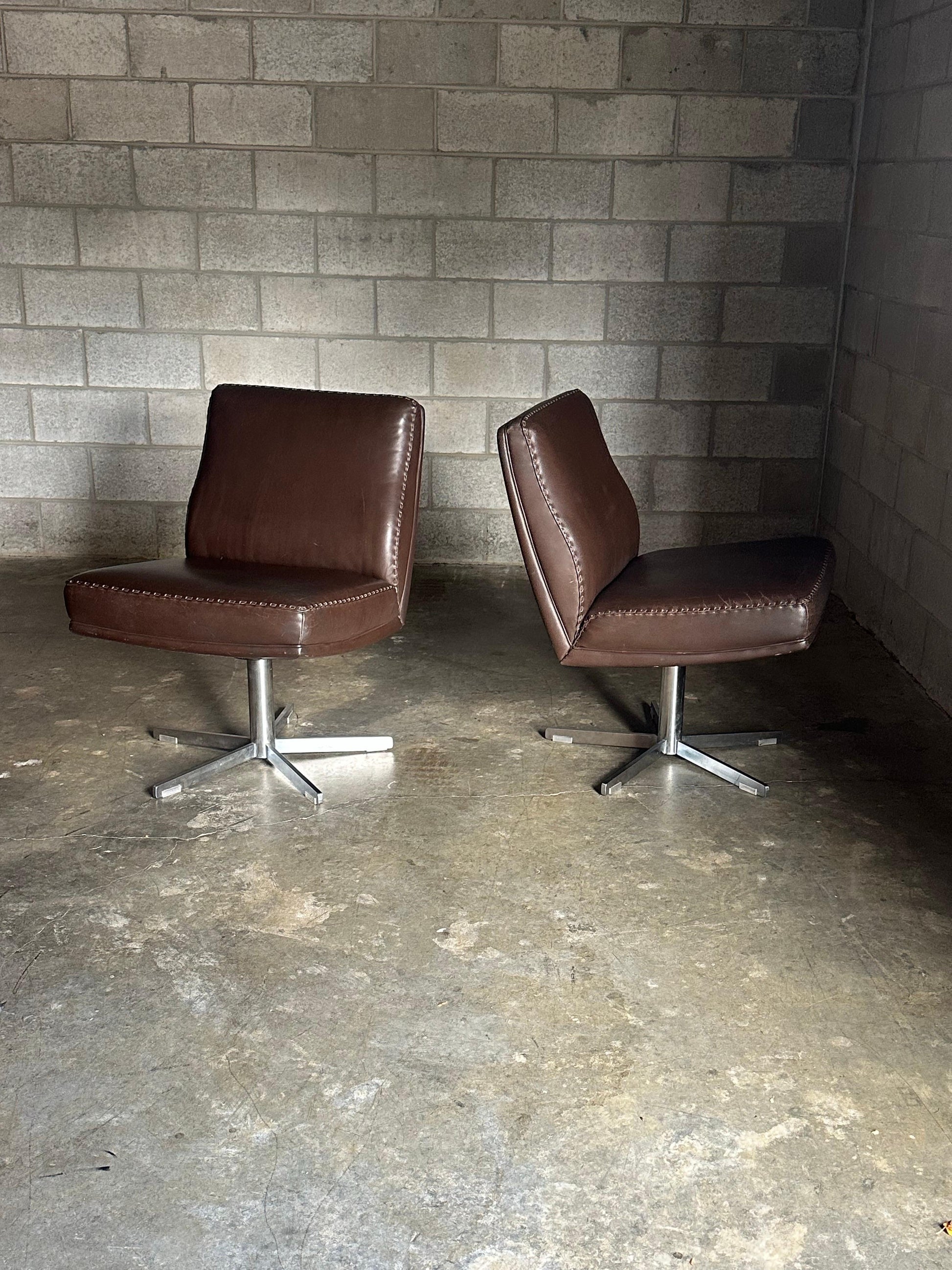 Frisman Vintage 1970s De Sede Leather and Metal Swivel Chairs- A Pair