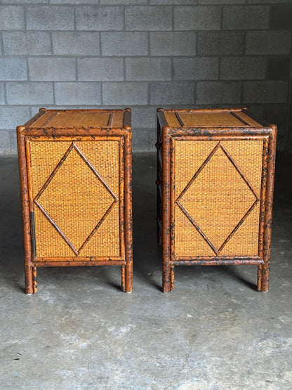 Frisman Vintage 1980s Vintage British Colonial Style Burnt Bamboo and Cane Nightstands- A Pair