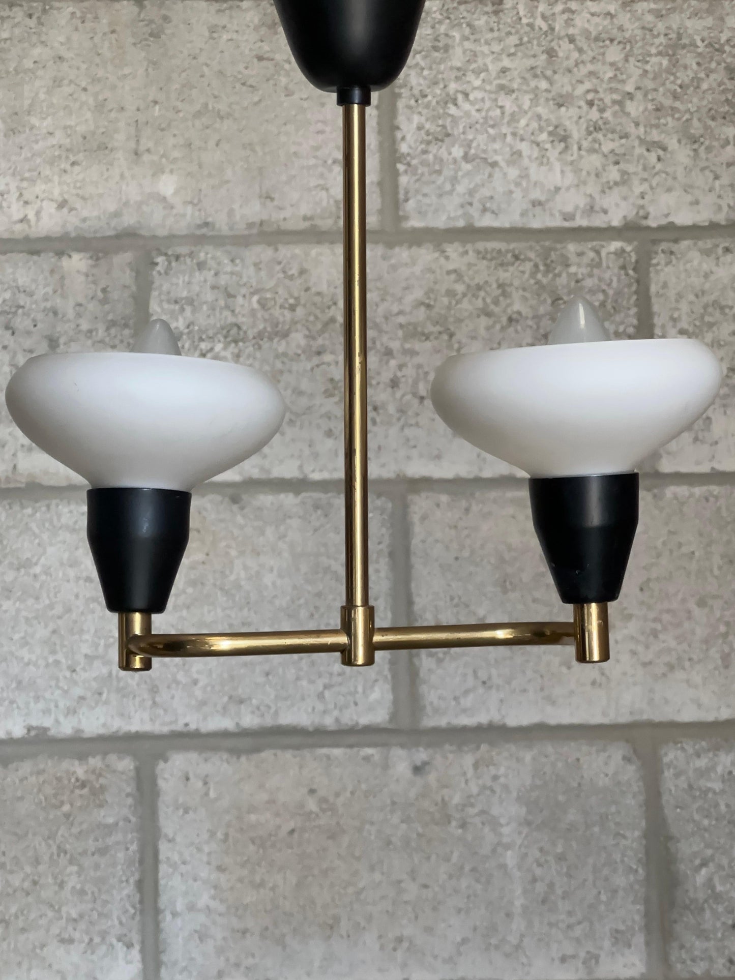 Frisman Vintage 1950s Brass, Metal, and Opaline Glass Hanging Ceiling Light, Sweden