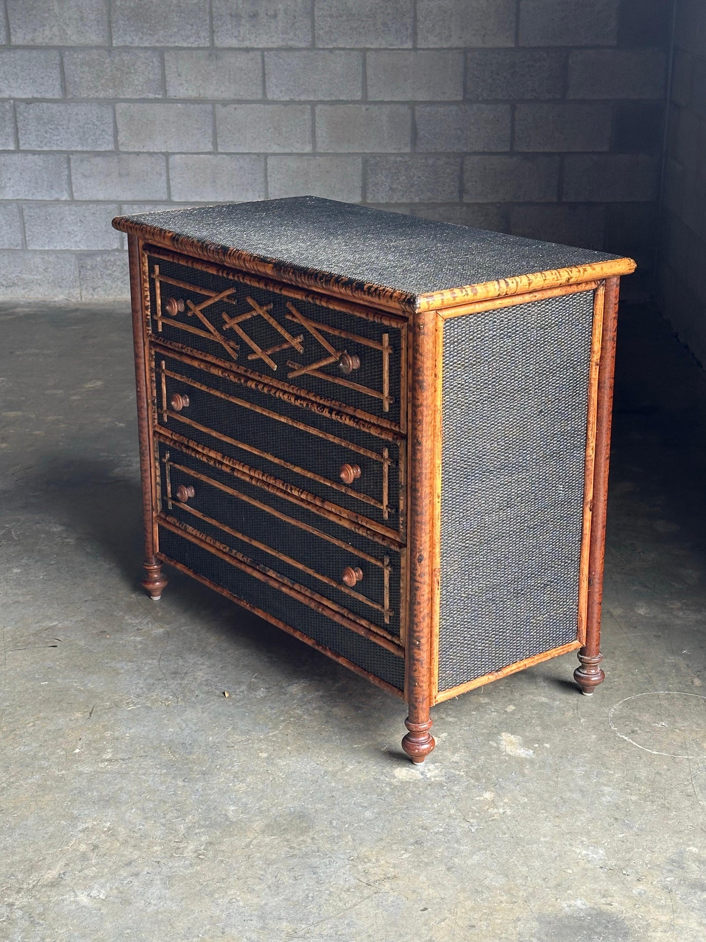 Frisman Vintage Vintage British Colonial Style Burnt Bamboo and Cane Dresser