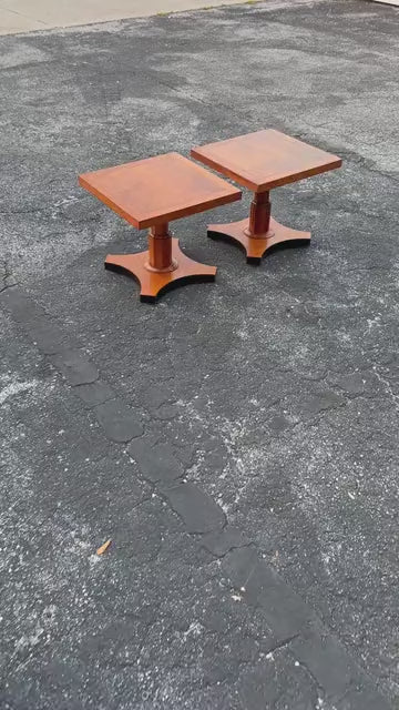 Frisman Vintage Baker Furniture Pair of Pedestal Regency Style Burl Walnut Tables Ca' 1950's