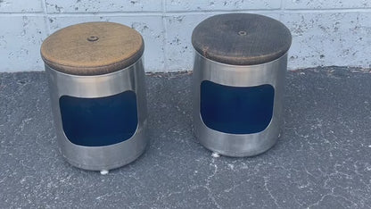 Frisman Vintage Pair of Italian Brushed Steel and Leather Upholstered Stools 1970's